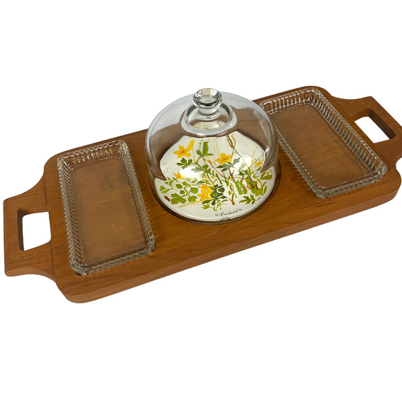 Goodwood Other - Vintage Goodwood Teak Cheese Tray Platter Charcuterie Board Glass Dome Dish EUC
